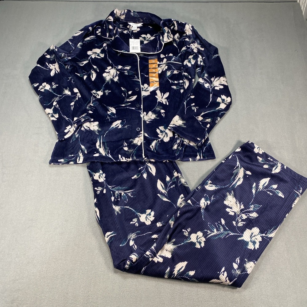 Nicole Miller Women's Soft 2pc Stretch Ribbed Pj Set , Navy Floral  NWT Size Med